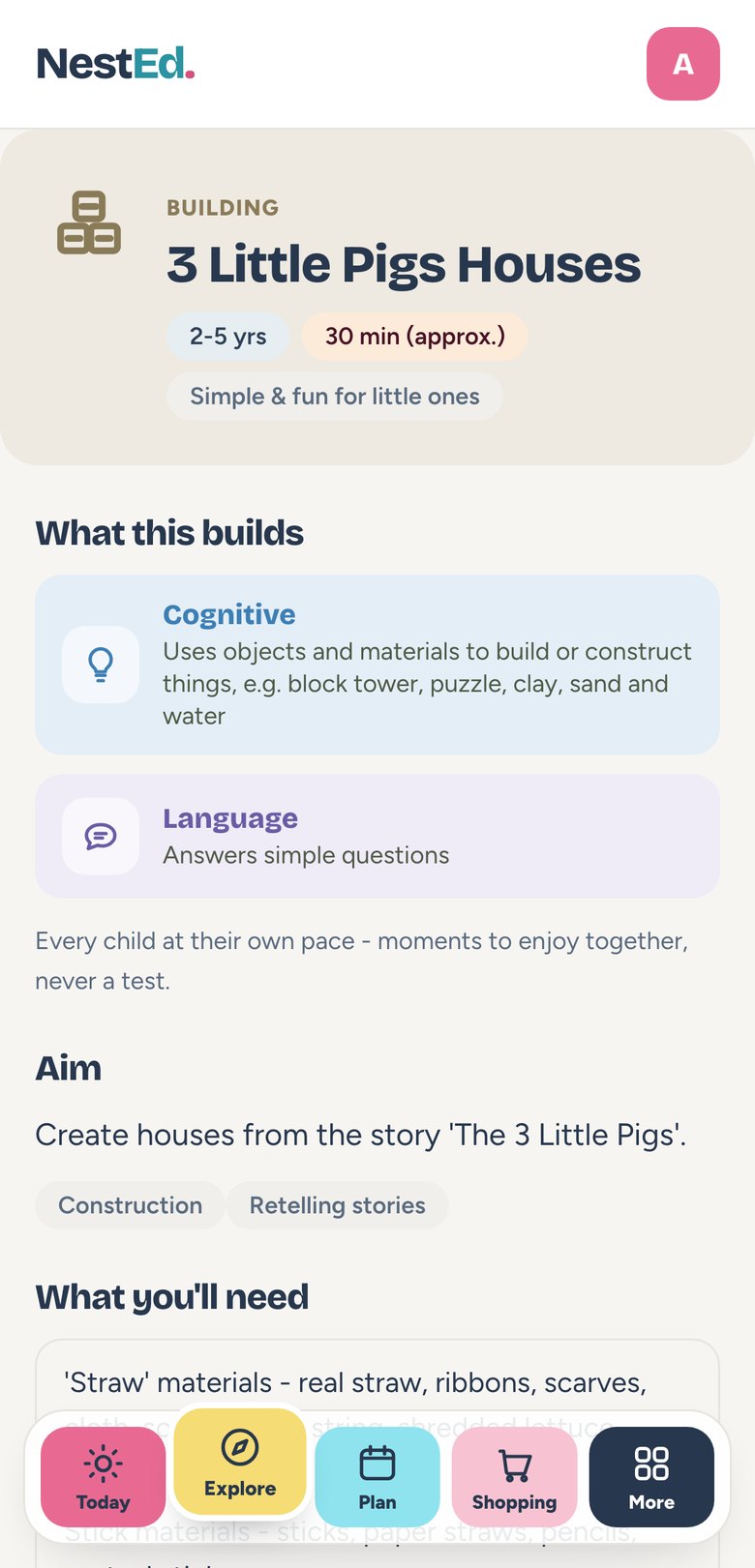 A learning experience open in the NestEd app, showing what it builds, the aim and what you will need